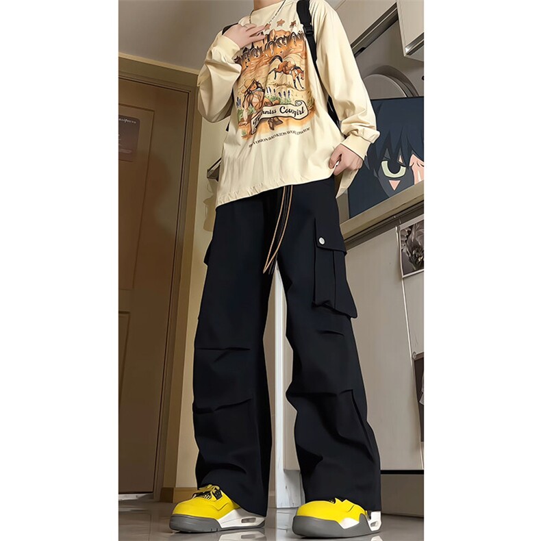 春季美式降落伞兵工装裤男高街复古褶皱休闲裤阔腿直筒KZ012P78,男装休闲裤,电商B312
