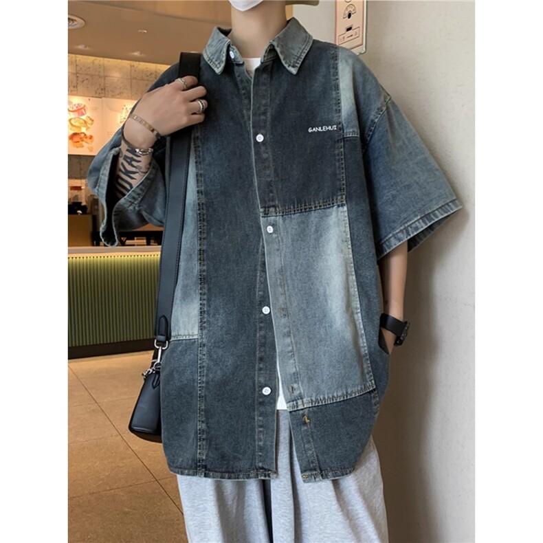 美式拼接撞色牛仔衬衫男款夏季设计感百搭衬衣宽松设计感休闲外套,男装衬衫,星座1210-1