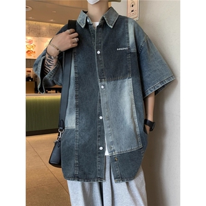 美式拼接撞色牛仔衬衫男款夏季设计感百搭衬衣宽松设计感休闲外套图片