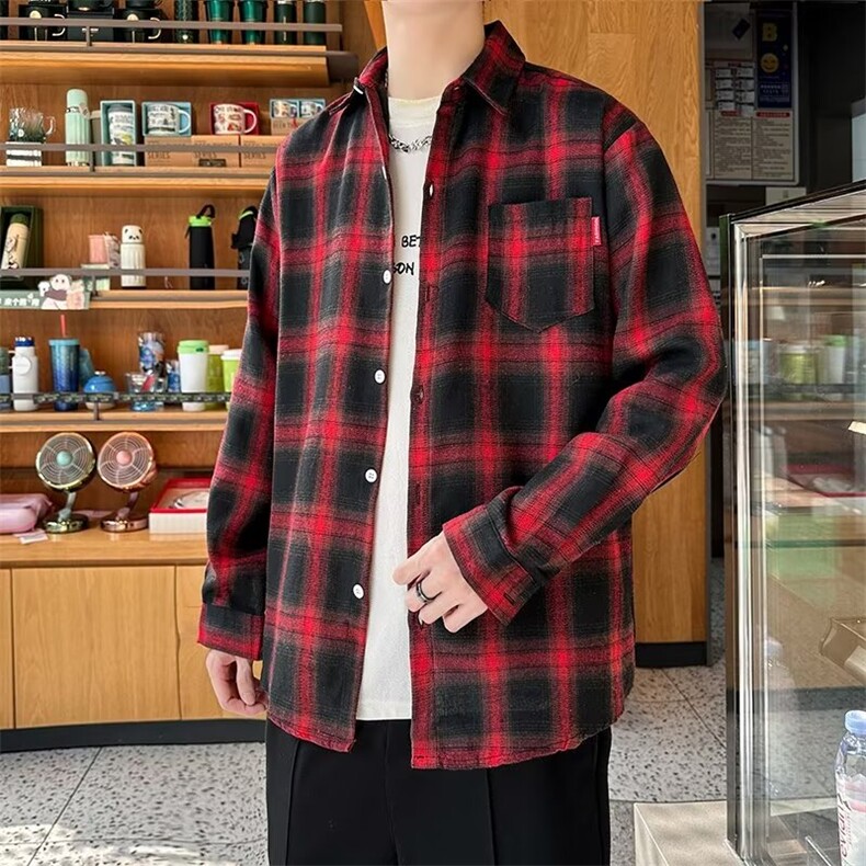 长袖格子衬衫男春秋季宽松韩版时尚潮流休闲外穿磨毛衬衣外套C13,男装衬衫,星座506