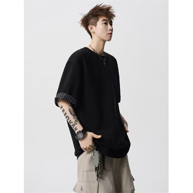 网图港风潮流简约假两件短袖t恤夏季大码宽松百搭上衣YY816-P32，男装T恤，电商C216