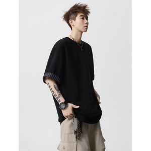 网图港风潮流简约假两件短袖t恤夏季大码宽松百搭上衣YY816-P32，男装T恤，电商C216