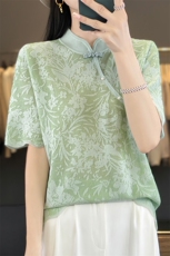 2025年夏季不连帽女士旗袍领时尚通勤百搭短袖，女装T恤，森墨