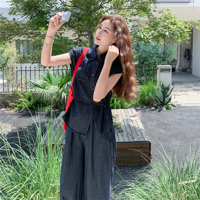 蓝色牛仔开衫阔腿裤两件套女2025年夏季新款时尚独特绝美高腰套装图片