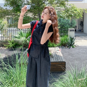 蓝色牛仔开衫阔腿裤两件套女2025年夏季新款时尚独特绝美高腰套装图片