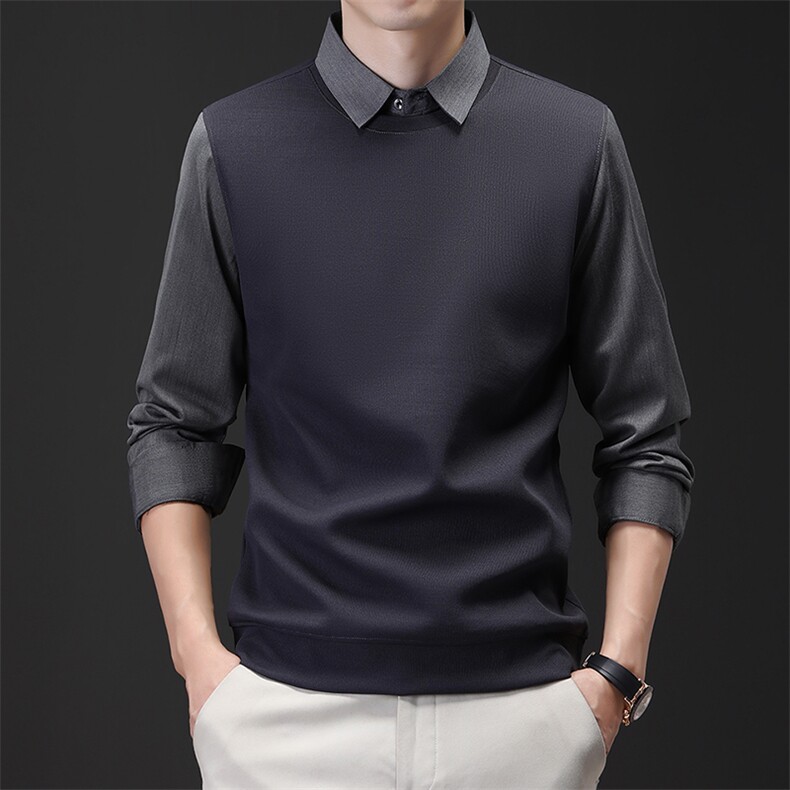 2026男士假两件毛衣秋冬新款中年爸爸翻领修身打底针织衫潮流帅气,男装T恤,电商B212（原钱塘6029）