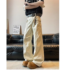 复古褶皱大口袋工装弯刀裤男女直筒水洗伐木显瘦微喇长裤-H308，男装工装外套，星座601-1