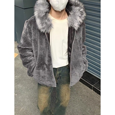 可拆卸毛领短绒皮草廓形拉链大连帽外套W200，男装夹克，星座1116A（原606A-3）