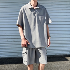109-TZ012-特批65夏季新款翻领短袖T恤工装短裤休闲套装，男装休闲套装，星座109