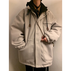 EQ158冬季港风日系加厚毛呢大衣连帽棉衣棉服假两件宽松外套P145，男装棉衣，电商C306-1