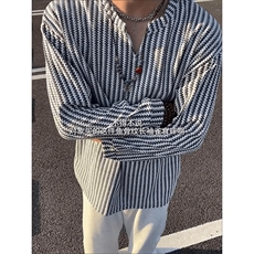 美式高街千鸟格子长袖T恤男女亨利V领英伦雅痞休闲宽松长袖打底衫，男装T恤，电商A443