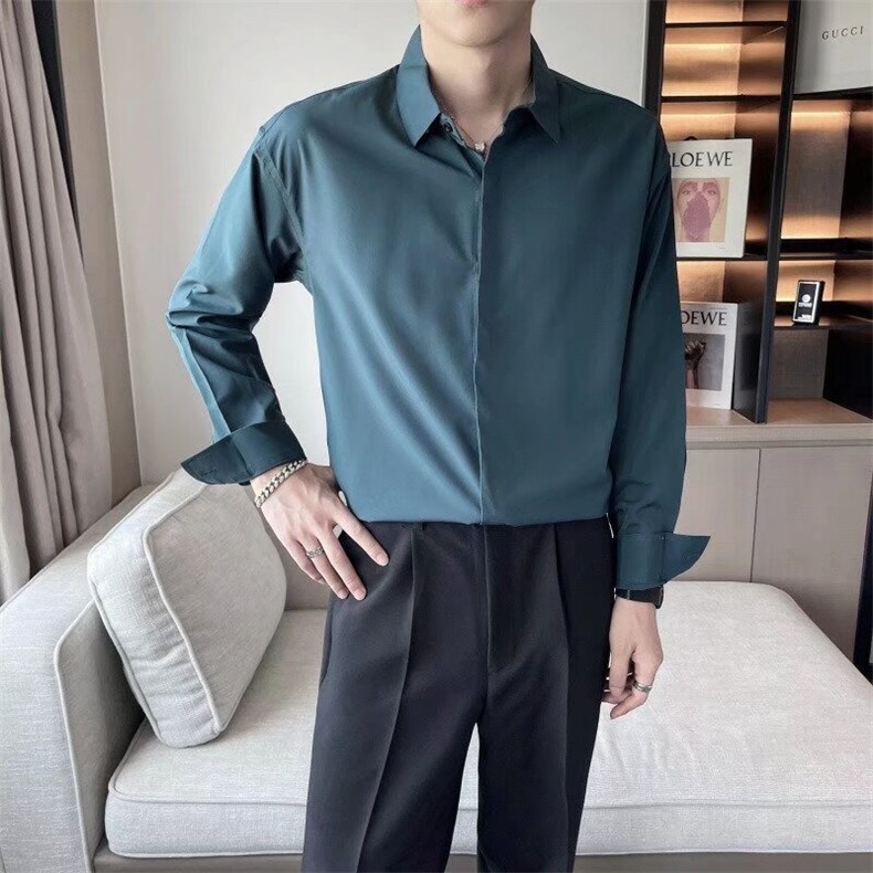 长袖衬衫男免烫春秋高级感男装痞帅潮流休闲上衣很仙垂感白色衬衣，男装衬衫，星座506A