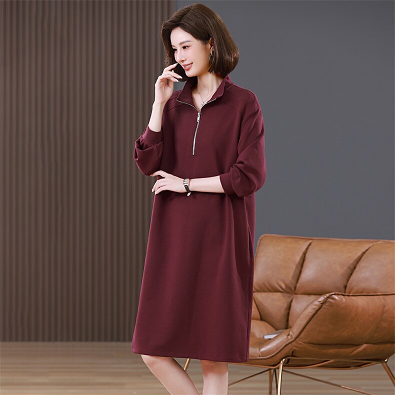 半拉链长袖卫衣裙女春秋2024新款裙子妈妈品牌宽松休闲连衣裙，女装连衣裙，希欧阁
