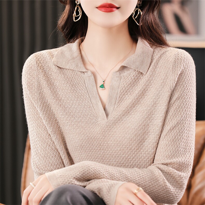 POLO翻领长袖针织打底女精羊毛薄款保暖洋气时尚减龄内搭毛衫图片