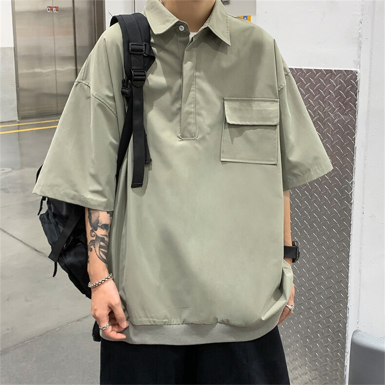 T6069/P35夏季简约短袖衬衫男设计感小众工装衬衣polo衫宽松T恤男图片