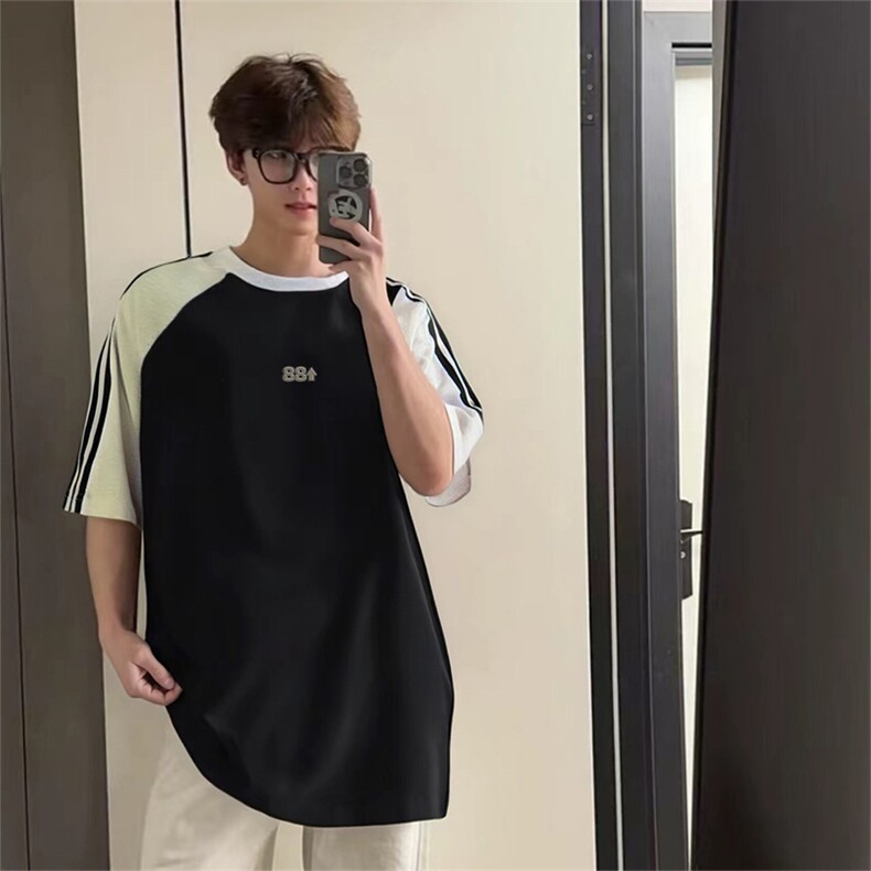 抖音得物品质二开240克宽松纯棉美式潮牌插肩三杠织带短袖T恤，男装T恤，电商A486-1