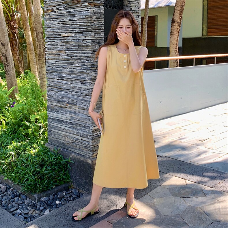 黄色超好看日系文艺连衣裙女2025夏季新款洋气松弛感减龄无袖长裙,女装连衣裙,维壹