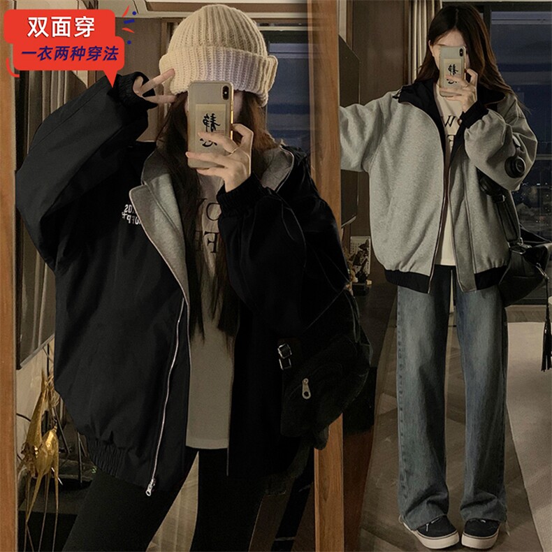 A541-P88 复古双面穿外套秋宽松oversize休闲连帽卫衣上衣图片