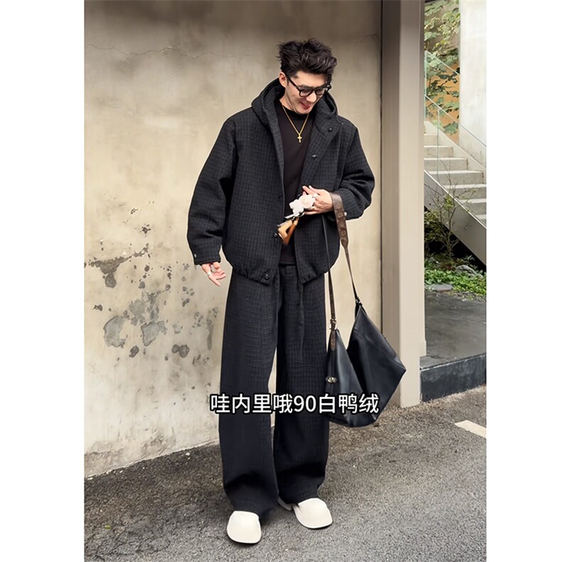 抖音高级保暖连帽棉服外套弯刀裤套装TZ353上衣135裤子78网图,男装棉衣,电商B267