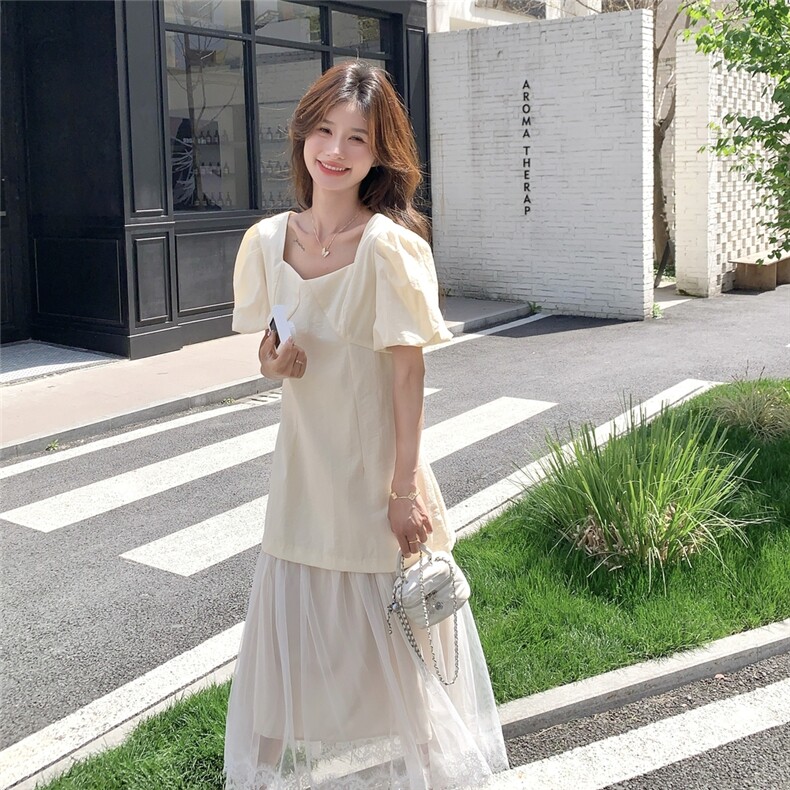 法式泡泡袖层次感连衣裙女2025夏季新款网纱拼接假两件超好看长裙,女装连衣裙,2C159