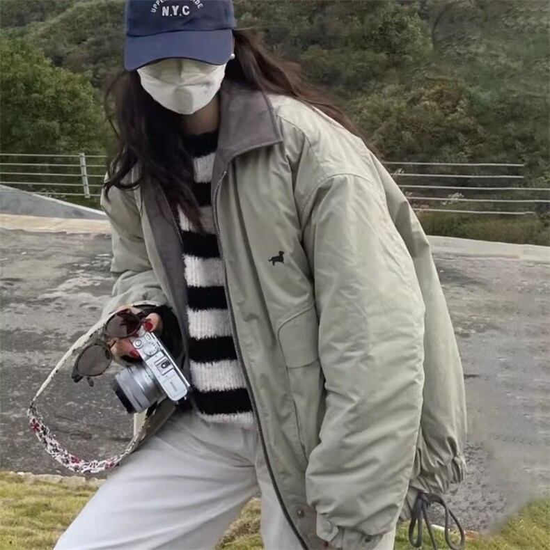 抹茶绿美式复古翻领夹克棉服女冬季外套2025新款韩系宽松加厚棉衣,男装夹克,星座506A