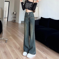 设计感窄版微喇牛仔裤女高腰百搭显瘦宽松小个子垂感2025早秋新款，男装牛仔裤，星座1210-1