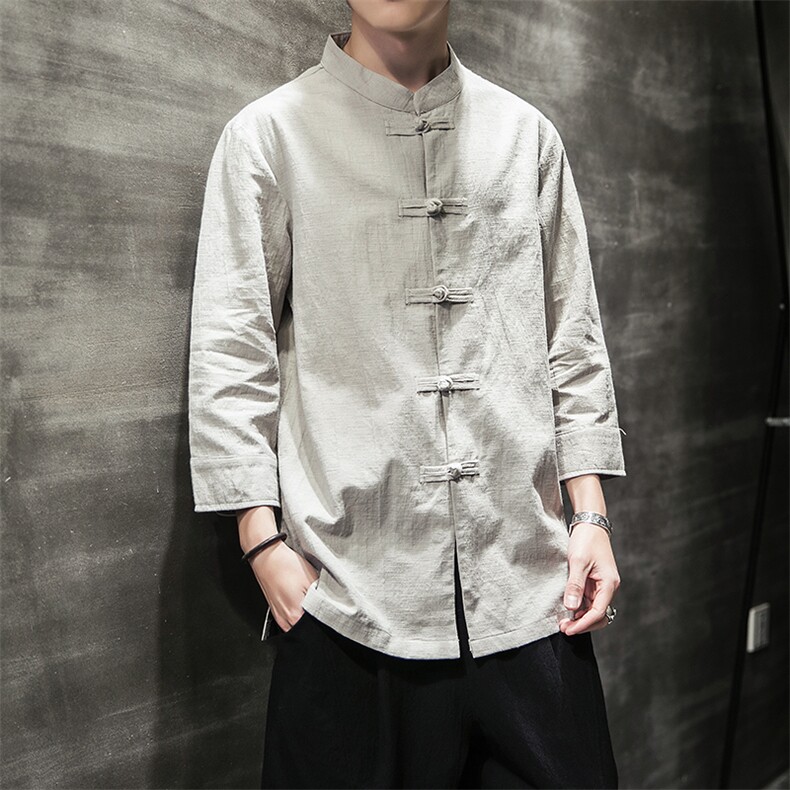 2025夏季新款风大码盘扣衬衫男棉麻七分袖上衣CS066/P70,男装衬衫,电商A008