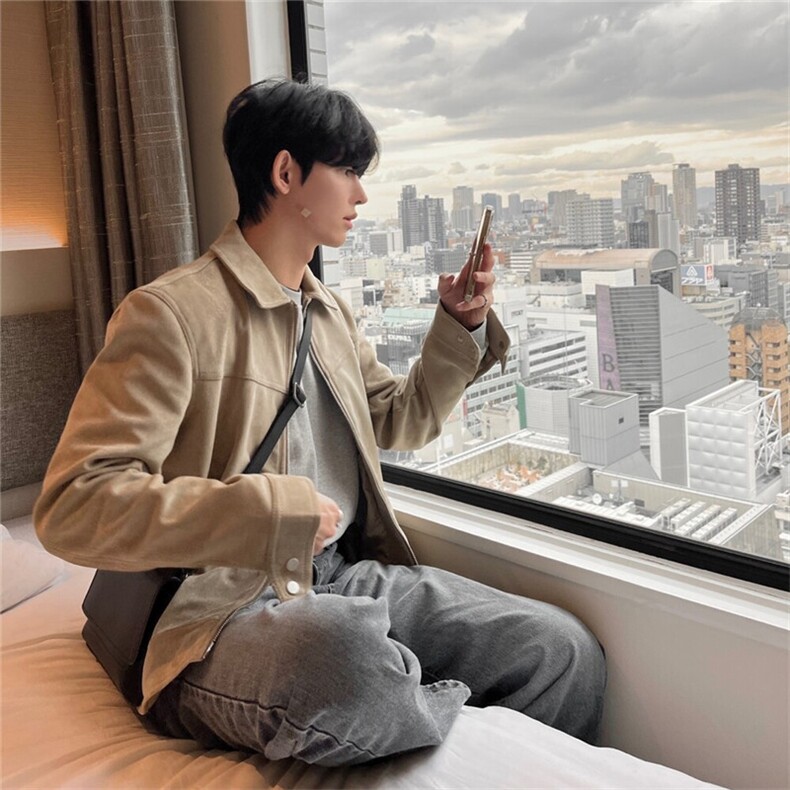 816B-JP001-P125 新款麂皮外套韩版休闲翻领工装夹克韩男上衣图片