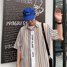 夏季竖条纹短袖衬衫宽松休闲BF风潮流衬衣CS02/，男装衬衫，电商D202