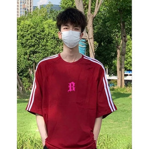 抖音得物高品质二开240克宽松纯棉美式潮牌三条杠织带短袖T恤图片