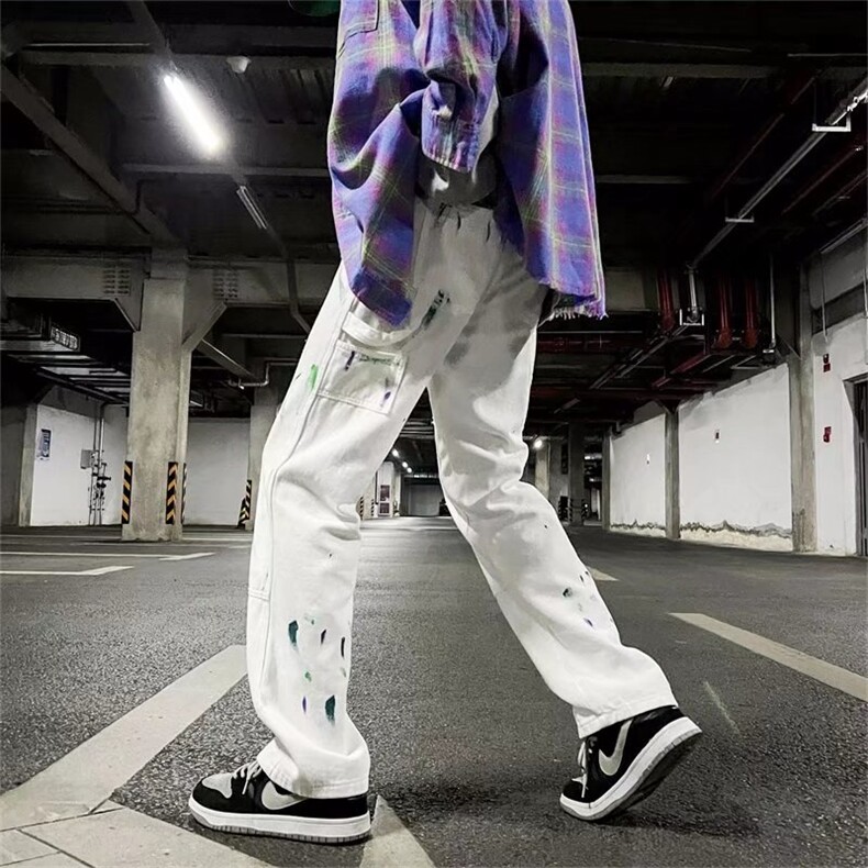 美式高街泼墨牛仔裤男hiphop小众设计感裤子NK111P42图片