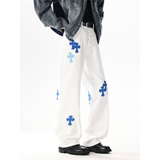 美式复古十字架贴皮设计牛仔裤潮流宽松休闲直筒裤，男装皮裤，星座410-6（原星座1304-1）