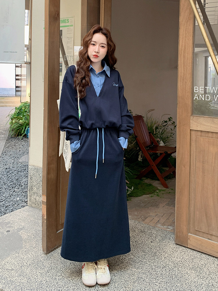 韩系松弛感学院风假两件卫衣套装女2025秋季新款气质半身裙两件套图片