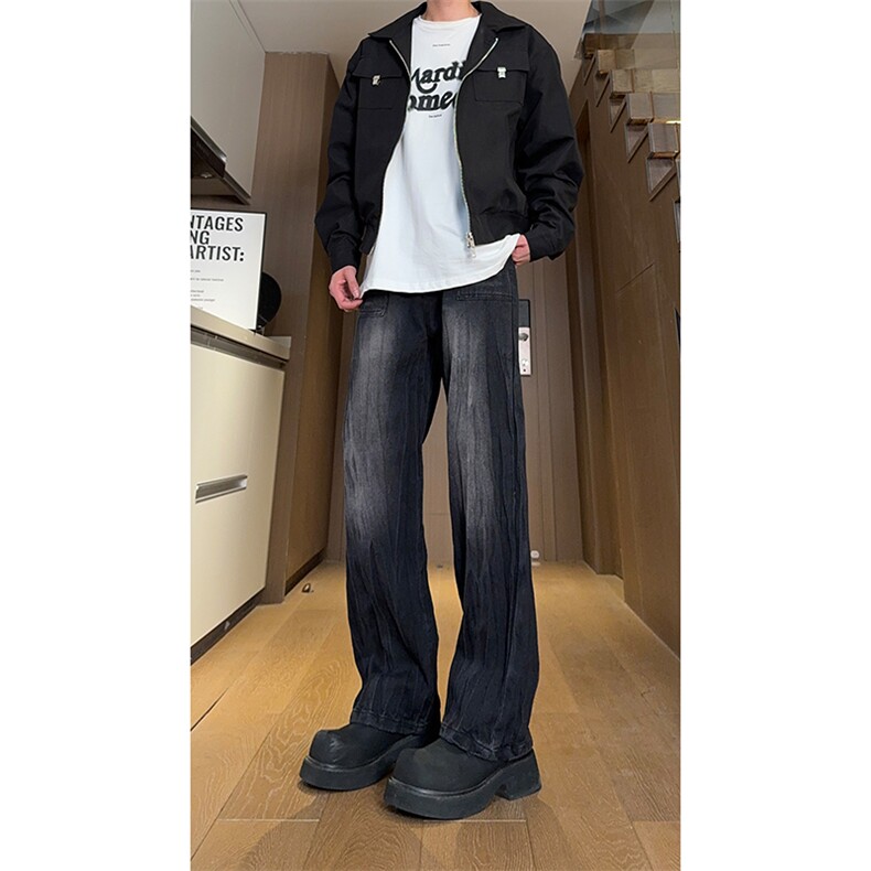现货秋冬美式黑色渐变裤子男竹节纹直筒牛仔裤女K657-P50控68,男装牛仔裤,星座205-5
