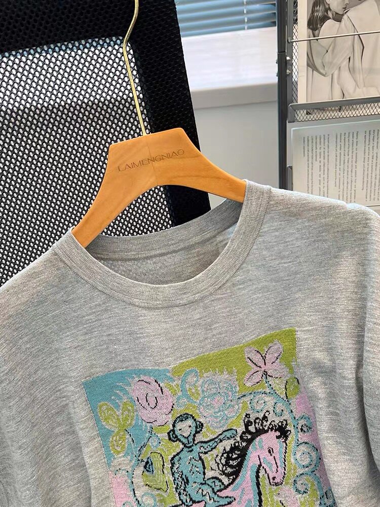 【门店198！】竹节麻针织绿色小马短袖t恤女士薄款夏季短款上衣,女装T恤,晨旭羊绒