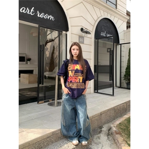 三条杠弯刀牛仔裤男女高街条纹拼接宽松显瘦休闲阔腿裤子NZM39图片