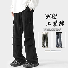 港风绒大口袋褶皱工装裤男直筒拖地裤K1167特P35K1167J加绒特P40，男装工装外套，电商A001
