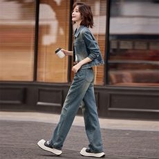 早春牛仔套装女2025新款时尚洋气减龄时髦今年流行复古长裤两件套，女装套装/套裙，意芙