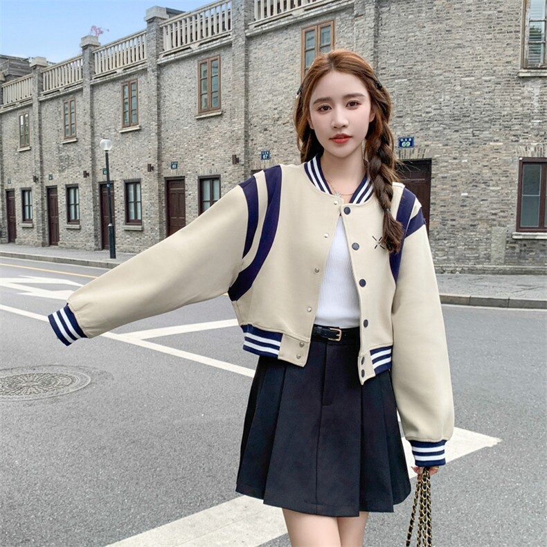 现货2026春秋装新款针织面料撞色拼接棒球服女182-8512P120K178,女装短外套,帛香坊