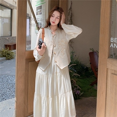 现货新款毛巾绣花马甲连衣裙两件套25088P185K278，女装套装/套裙，2D035