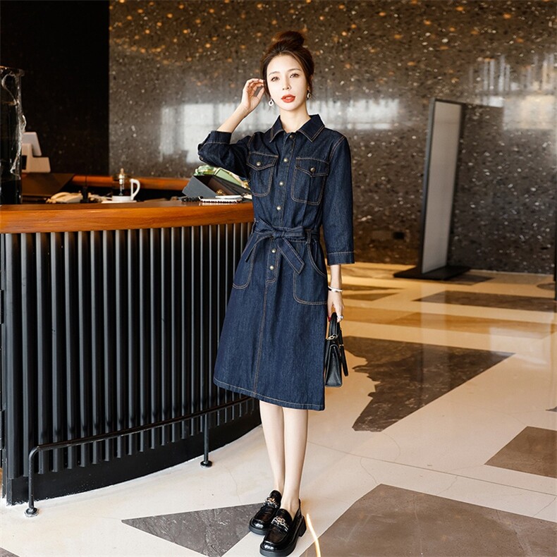 时尚显瘦牛仔连衣裙女新款气质长袖收腰显高裙子春秋季韩版潮,女装连衣裙,秋水欣儿