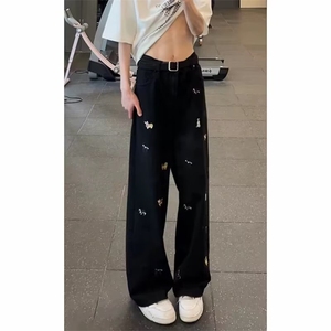 美式黑色小狗刺绣牛仔裤高腰直筒宽松显瘦阔腿裤513ACK2339P40图片