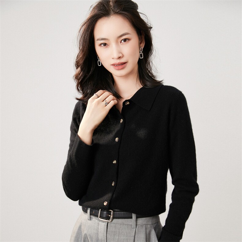 秋冬新款洋气时尚百搭显瘦女款衬衣式35%羊绒衫,女装羊绒衫,艾巧羊绒