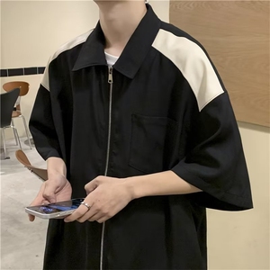日系五分袖春夏季新款拼皮拉链衬衫W1255P32图片