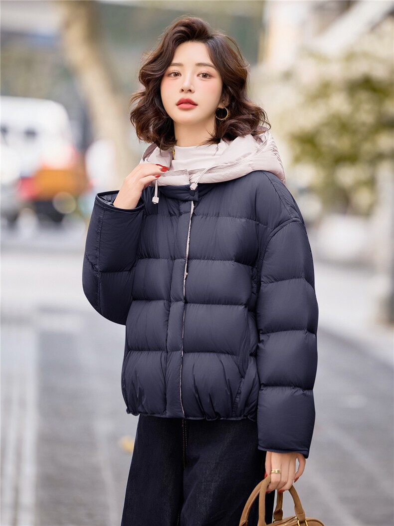 90白鸭绒羽绒服女2025年冬季新款时尚撞色连帽宽松羽绒服外套,女装羽绒服,沁沁公主