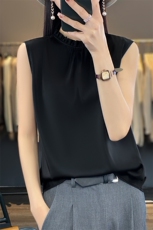 半高领木耳边真丝背心女内搭打底衫宽松薄款无袖秋季上衣纯色砍袖，女装T恤，恩尚羊绒