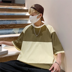 新款条纹拼色休闲短袖T恤欧美潮牌流行新款小领口男士体恤衫，男装T恤，星座1013