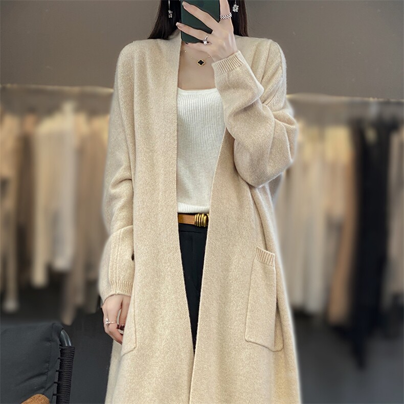 长袖口袋宽松垂感中长款针织开衫女羊毛毛衣外套",女装羊毛衫,宋氏羊绒