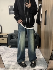 dirtyfit裤子水洗蓝阔腿直筒牛仔裤垂感高级感XZ310A-4-NZ10，男装牛仔裤，星座310A-4
