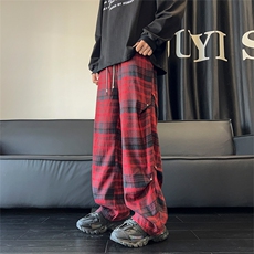 复古格子裤秋季褶皱伞兵休闲裤直筒拖地裤A486特P45控68，男装休闲裤，电商A309